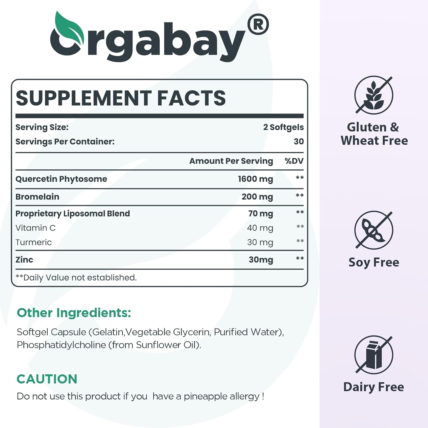 Orgabay Liposomal Quercetin Phytosome 1600 mg,Bromelain 200mg,Zinc 30mg,Vitamin C Turmeric 40 mg,Highest Absorption,Quercetin Complex, 120 Softgels