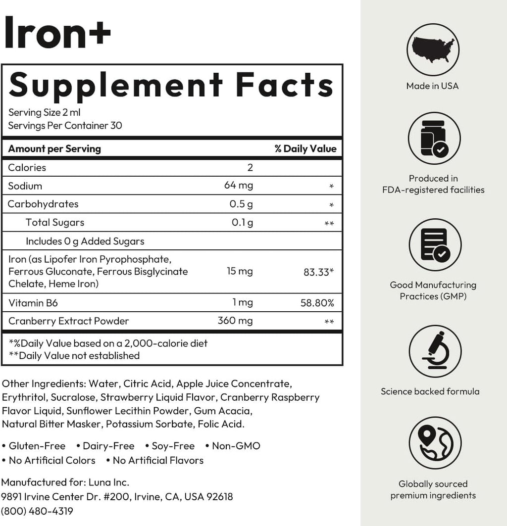 BIGVITA Iron+ | High Absorption Supplement with Microencapsulated Iron Drops + Folate, B6 & Cranberry Extract | No Metallic Taste, Mixed Berry Flavor, Gentle on Stomach | Energy & Hormonal Support