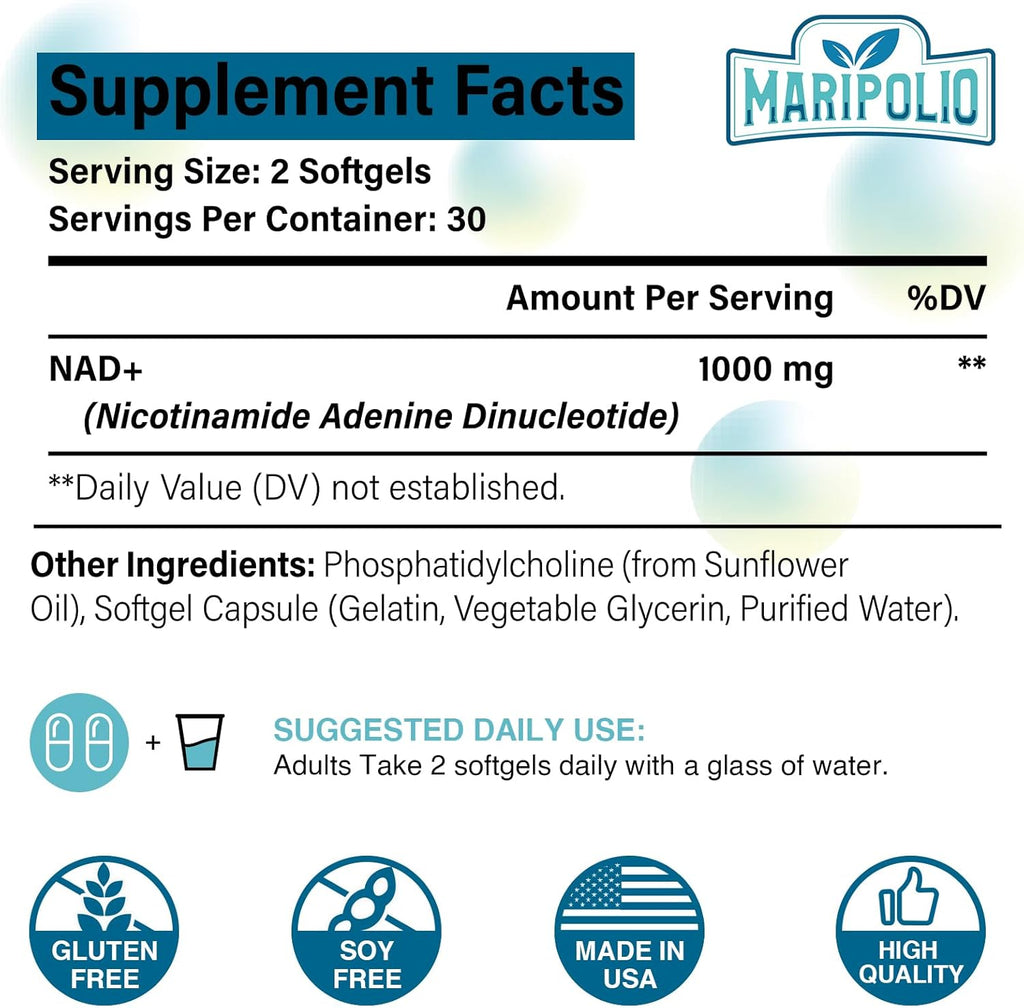 Liposomal NAD+ Supplement 1000 mg | Highest NAD Pontecy | Max Absorption | Pure NAD Supplement | Energy and DNA Repair, Aging Defense, Brain Function | 180 Softgels