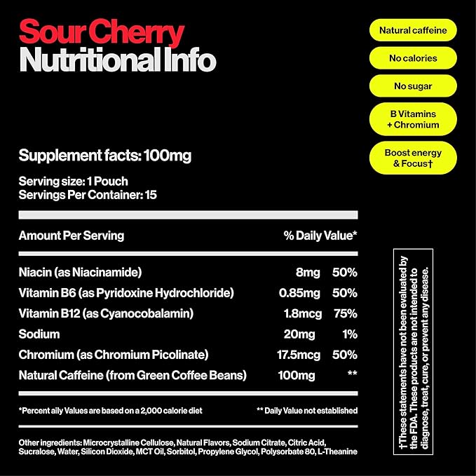 Wip Energy Pouches | 100mg Natural Caffeine | Vitamins and Minerals | Sour Cherry | 15 Pouches Per Can | 3 Cans