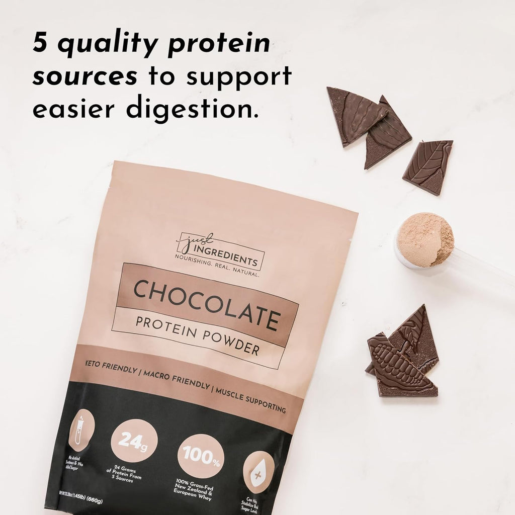 JUST INGREDIENTS Chocolate Protein Powder – 20-Serving Blend with 100% Grass-Fed Whey & Organic Plant Proteins – Rich Cocoa Flavor – Supports Muscle Recovery, Energy*