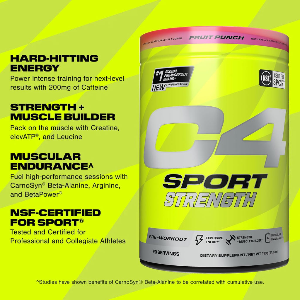 Cellucor C4 Sport Strength Pre Workout Powder - NSF Certified for Sport - Beta-Alanine, Creatine, 200mg Caffeine - Sugar Free Energy Supplement for Men & Women - Fruit Punch, 20 Servings