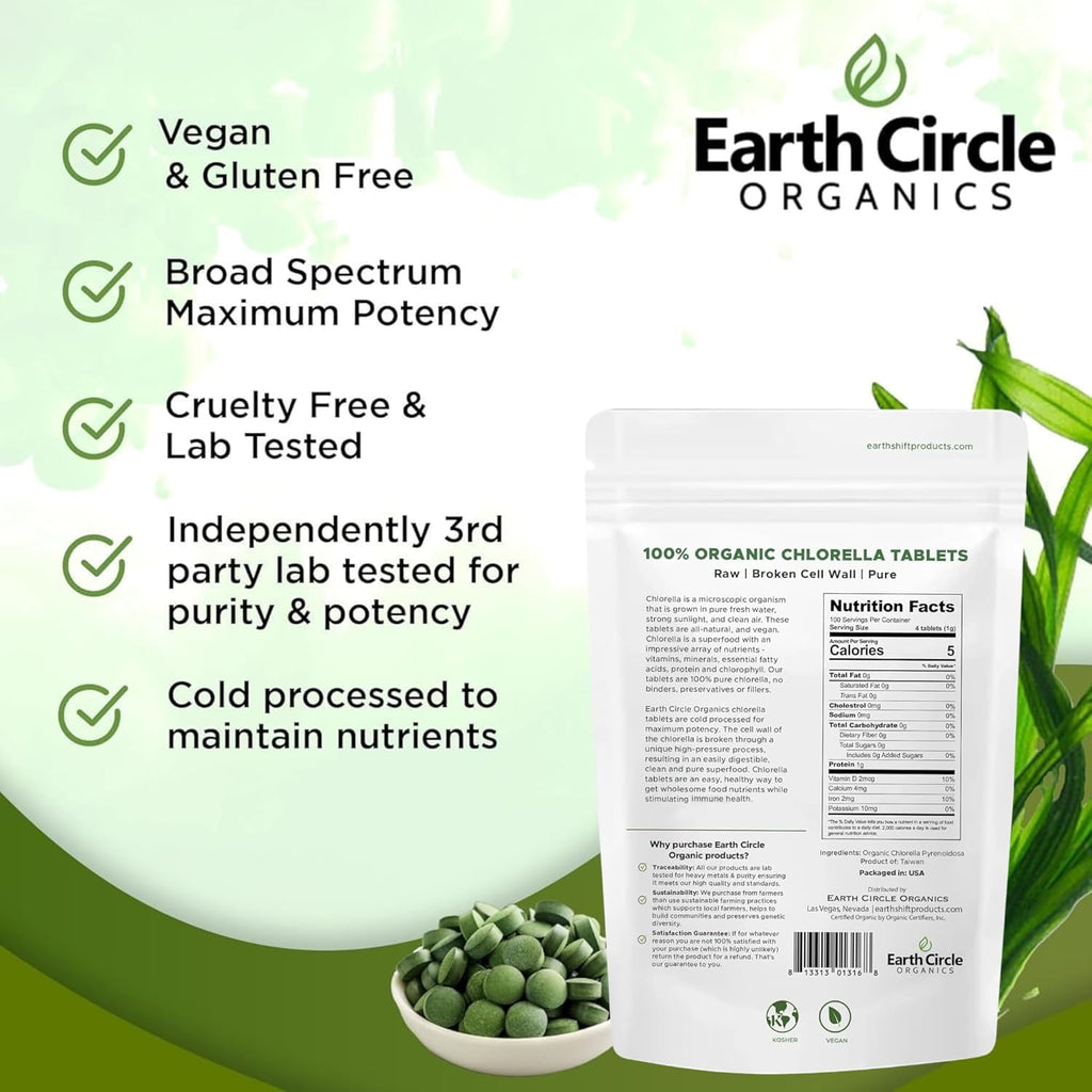 Organic Chlorella Tablets 400 Count | High Potency Superfood | Chlorophyll Pills from 100% Pure Green Algae | Broken Cell Wall for Maximum Absorption | Vegan, Kosher, Non-GMO | 4 Tabs per Day (3-Pack)