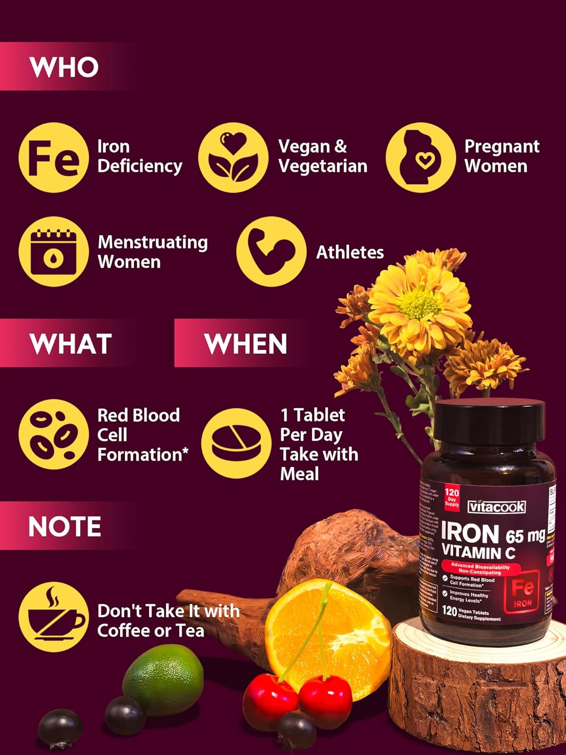 Iron Supplement for Women Men, High Potency Iron 65mg with Vitamin C 250mg, Stomach Friendly Iron Pills for Red Blood Cell & Immune Support, Non-GMO & Gluten Free,120 Vegan Tablets