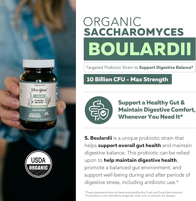 Organic Saccharomyces Boulardii - 10 Billion CFU - Clinically Validated CNCM I-1079 Probiotic Strain - Gut, Digestion & Healthy Bowel Support - First Organic Form of S. Boulardii Probiotic - 60 Count