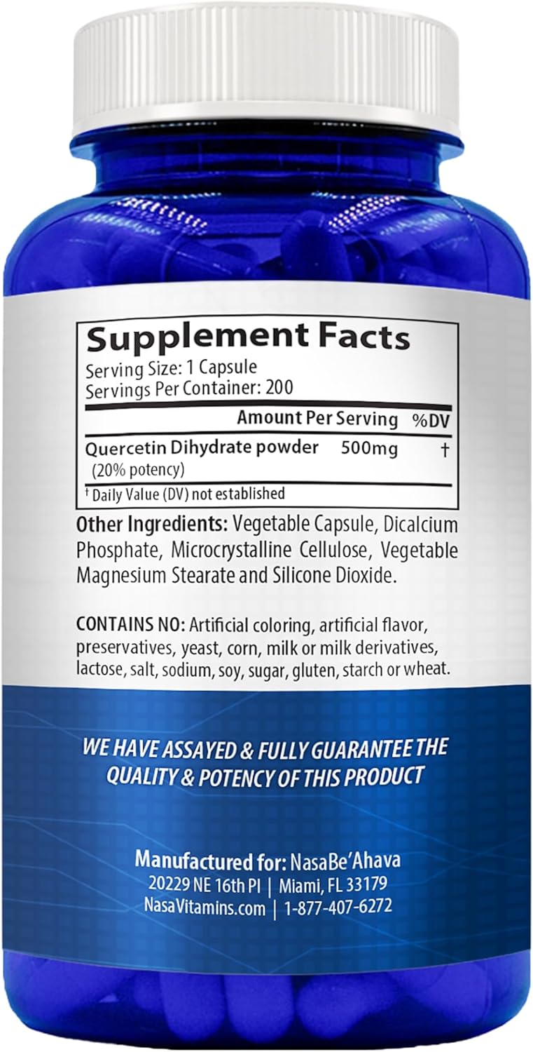 Quercetin 500mg Capsules | Vegan Friendly Quercetin Dihydrate High Potency Antioxidant Supplement for Skin Heart and Immune Support | Gluten-Free | Made in the USA in GMP Facilities (200 Servings)