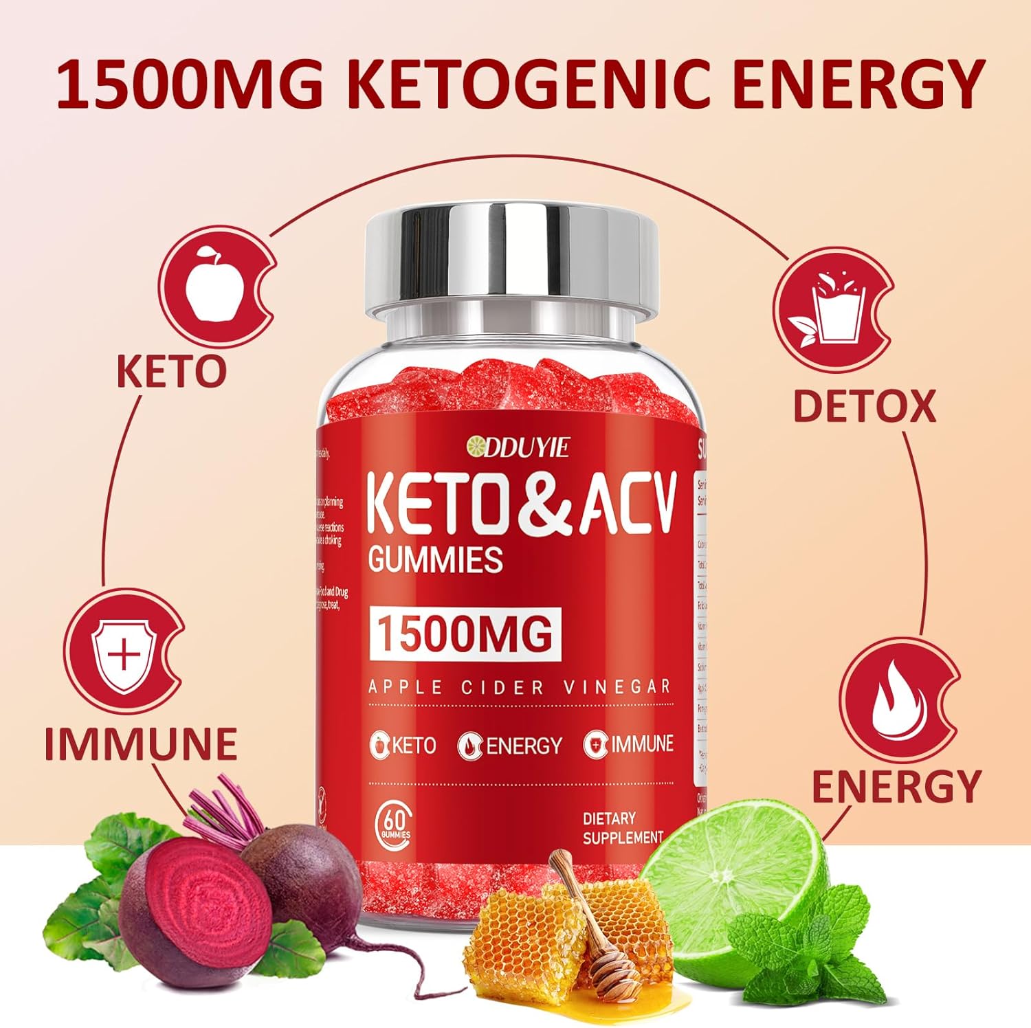 (1 Pack) Apple Cider Vinegar Gummies | Keto ACV Gummies for Supports Metabolism & Fat Burn with Vitamin B6 & B12 | ACV Supplement | Lemon Honey Flavor | 60 Vegan for Women and Men