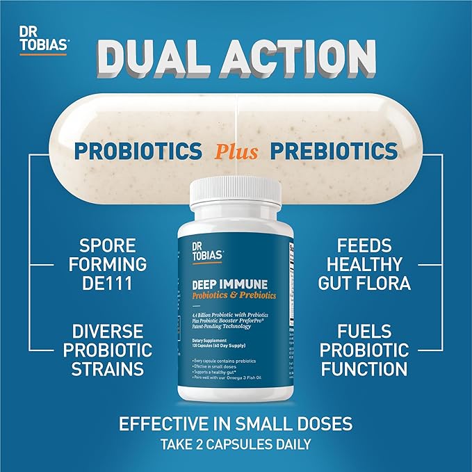 Dr. Tobias Deep Immune Probiotics & Prebiotics - Dual Action Digestion & Immune Support with PreforPro Prebiotics & Spore Forming Probiotics for Women & Men - 120 Capsules (60 Servings)