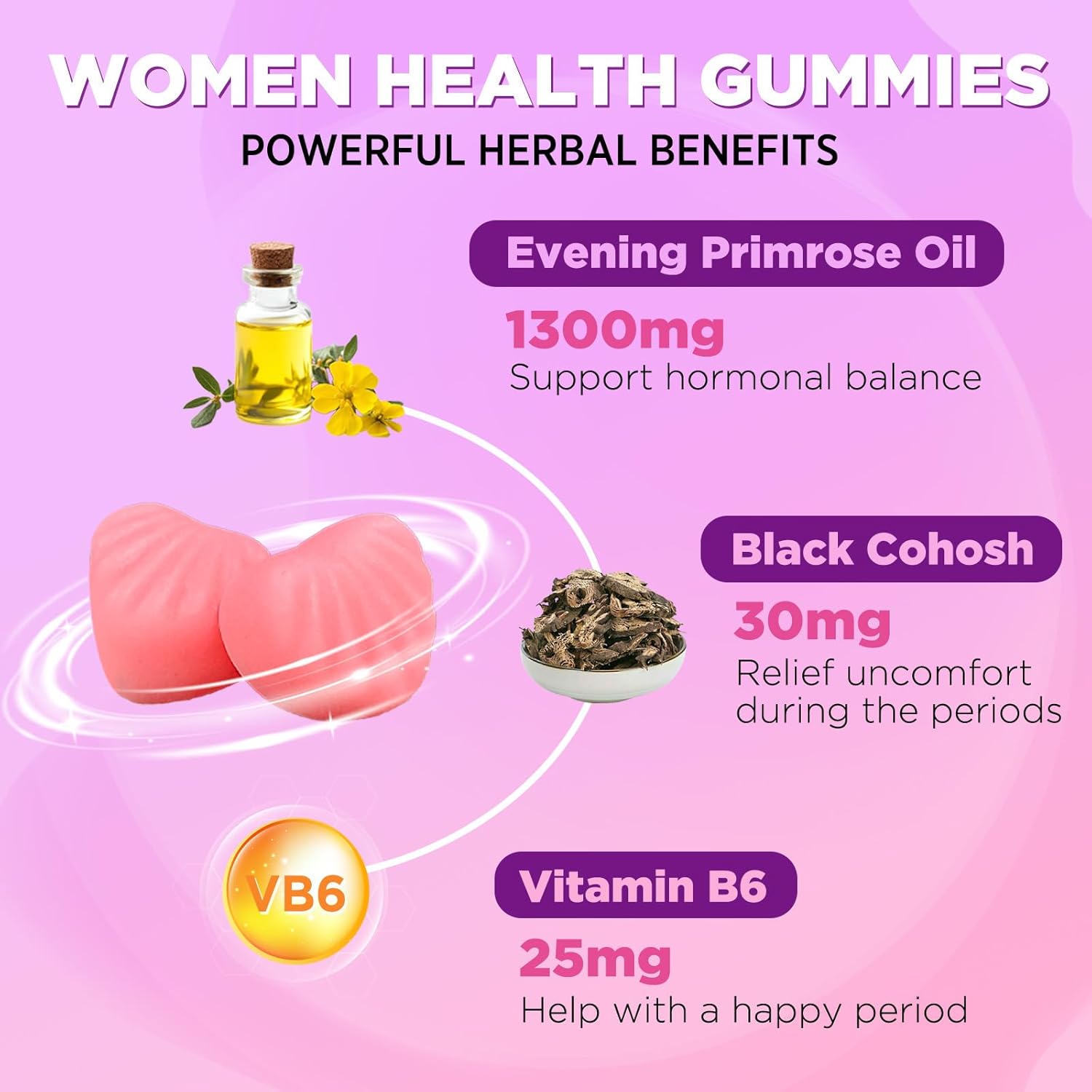 Evening Primrose Oil Gummies 1300mg with Black Cohosh & Vitamin B6, Sugar-Free, PMS Relief Supplements for Women 20-45, Chewable PMS Gummies, Strawberry Flavor, Vegan, Pectin, 60 Count