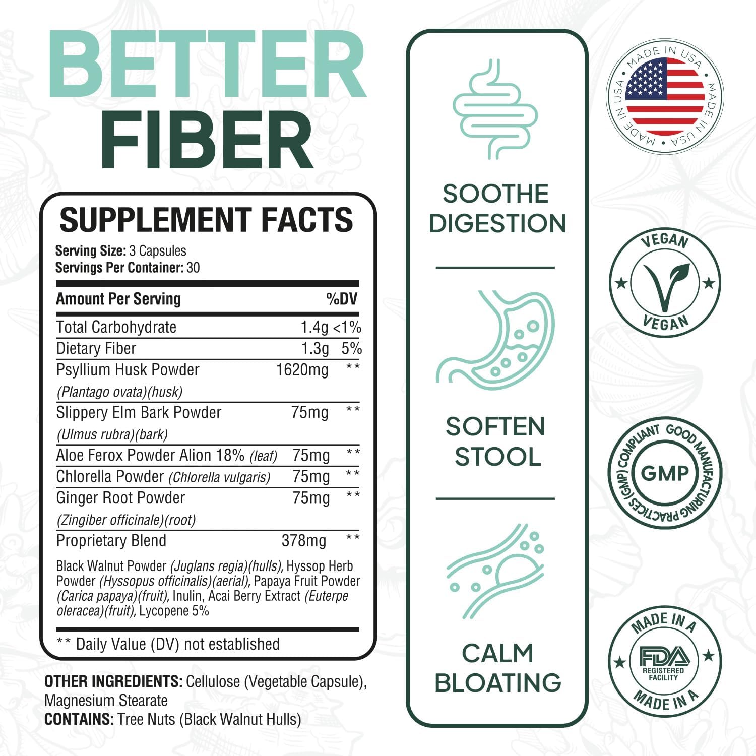 Better Fiber - Daily Fiber Supplement - Soften Stool for Effortless Bowel Movements - with Psyllium Hulk and Slippery Elm - 90 Capsules