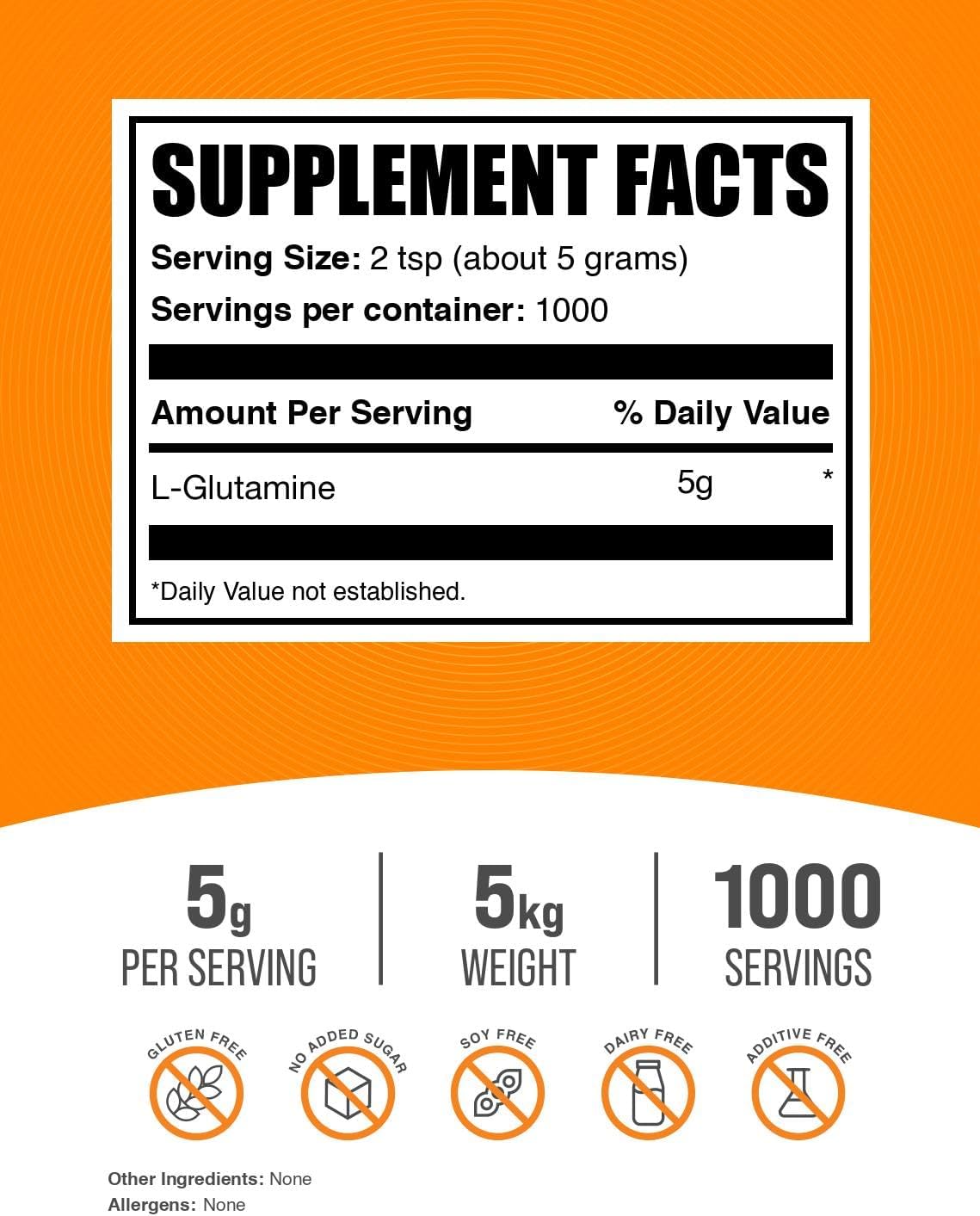 BulkSupplements.com L-Glutamine Powder - Glutamine Supplement, for Recovery & Gut Health - Unflavored & Gluten Free, 5g (5000mg) per Serving, 1kg (Pack of 5) (11 lbs)