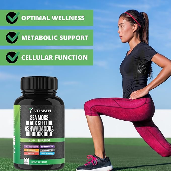 Sea Moss Black Seed Oil Ashwagandha Turmeric Bladderwrack Burdock Root | Advanced Sea Moss Capsules All in One Supplement with Seamoss Black Seed Oil Burdock Root Capsules - 60 Count
