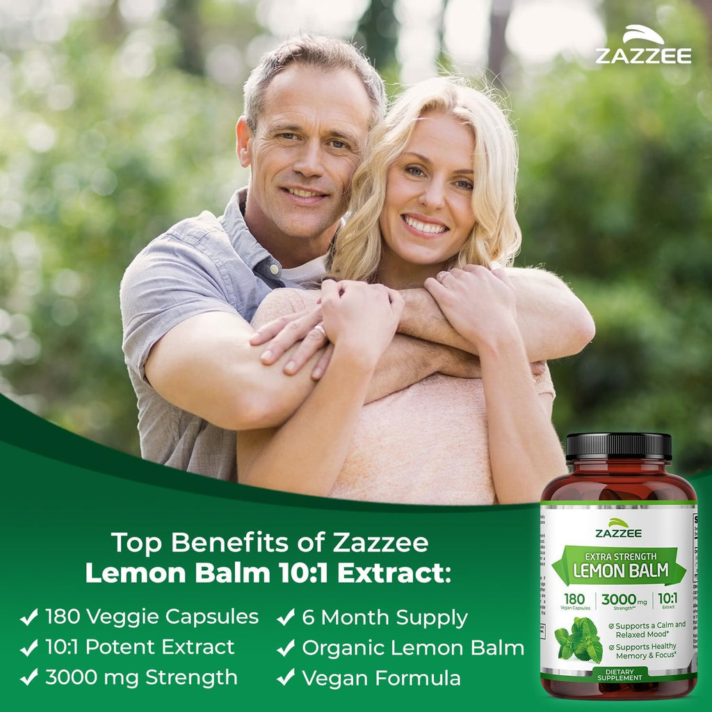 Zazzee Organic Lemon Balm 10:1 Extract, 3000 mg Strength per Capsule, 180 Vegan Capsules, 6 Month Supply, Standardized and Concentrated 10X Extract, 100% Vegetarian, All-Natural and Non-GMO