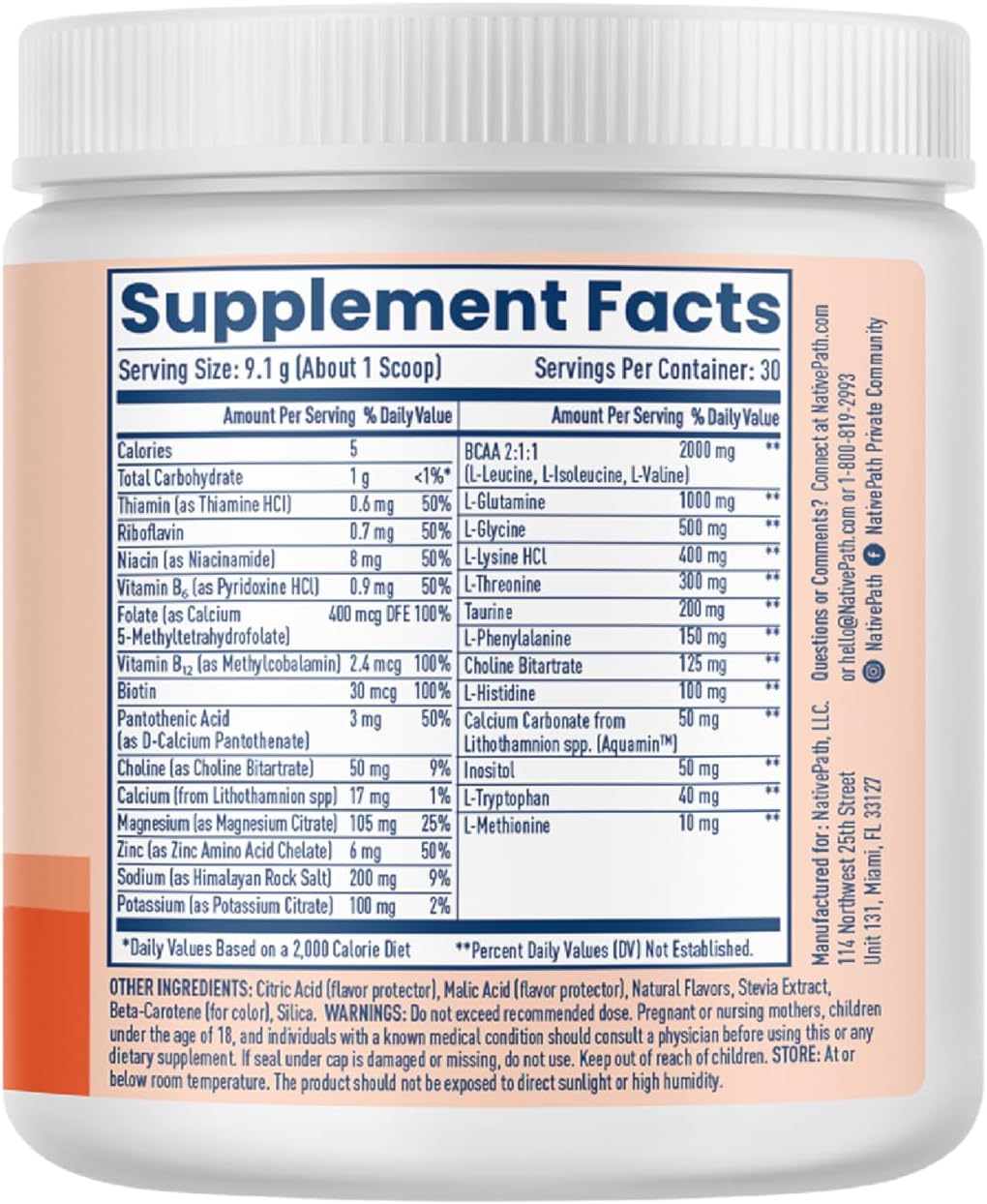 NativePath Native Hydrate, Zero Sugar, Electrolytes Powder with BCAAs, Peach Mango Hydration, Keto & Paleo Friendly, 30 Servings