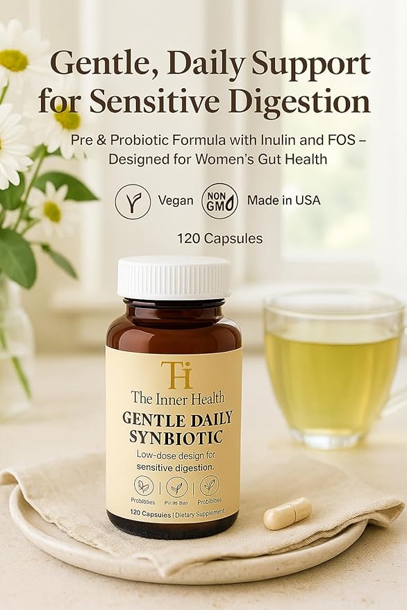 Gentle Synbiotic - Low CFU Probiotic and Prebiotic Formula - Sensitive Gut - FOS + XOS - DE111 B. subtilis, B. coagulans & L. rhamnosus - Gut Support for Women & Men - 120 Capsules