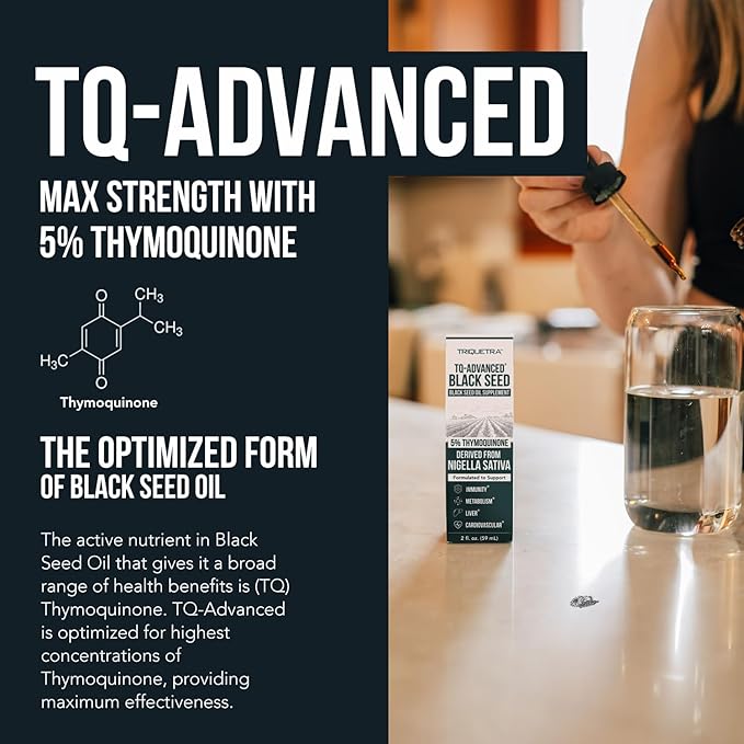 Black Seed Oil Liquid | 5% Thymoquinone - TQ-Advanced® | High Potency - 100 mg per Serving - 15:1 Concentrate from Nigella Sativa Extract, Raw Form, Vegan Formula, Glass Bottle (30 Servings)