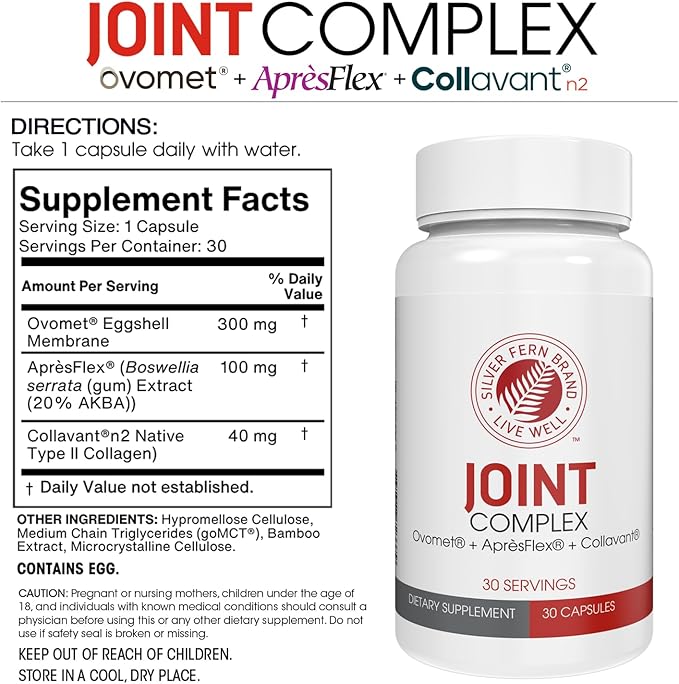 Silver Fern Brand Joint Complex – Daily Joint Support with AprèsFlex Boswellia, Ovomet Eggshell Membrane & Type II Collagen – 120 Capsules, 30-Day Supply