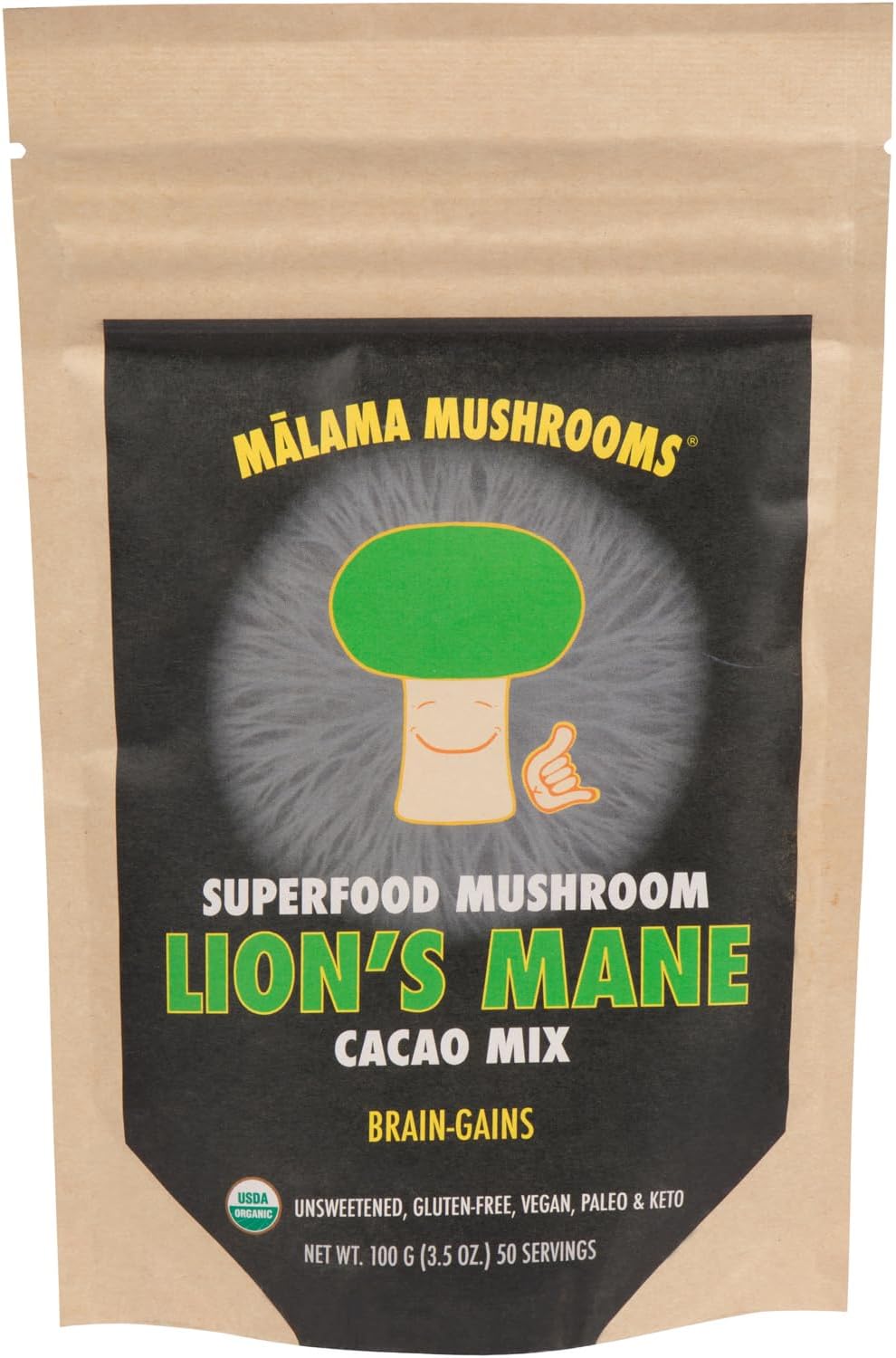 Malama Organic Mushroom Hot Cacao Mix, Lion's Mane Mushroom Powder with Fair Trade Cacao for Focus, Memory, & Immune Support – Vegan Supplement & Superfood, Non GMO, 3.5 oz (50 Servings)
