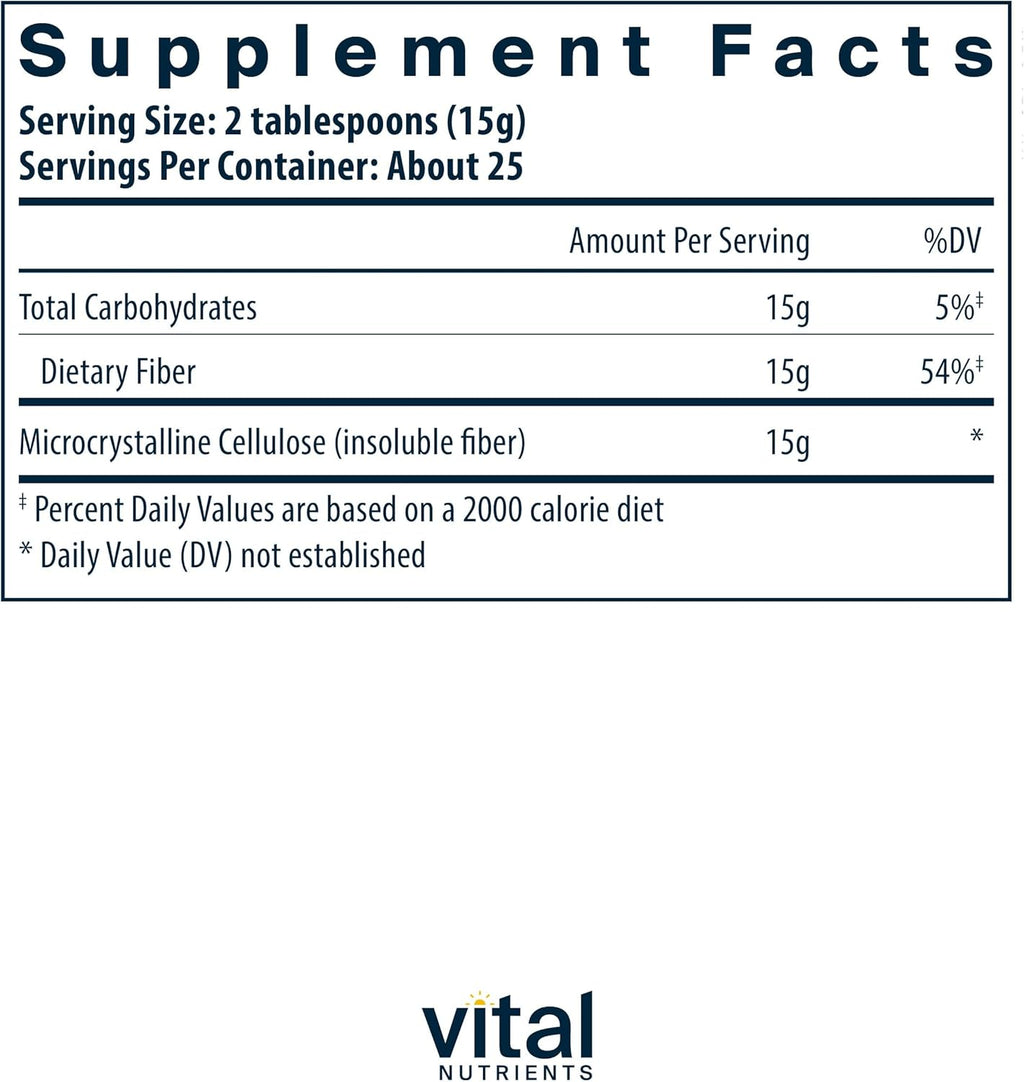 Vital Nutrients Cellulose Fiber Powder | 375g Cellulose Insoluble Fiber Powder | Fiber Supplement Powder Supports Healthy Bowel Function | Gluten, Dairy, Soy Free | Non-GMO | 60 Capsules