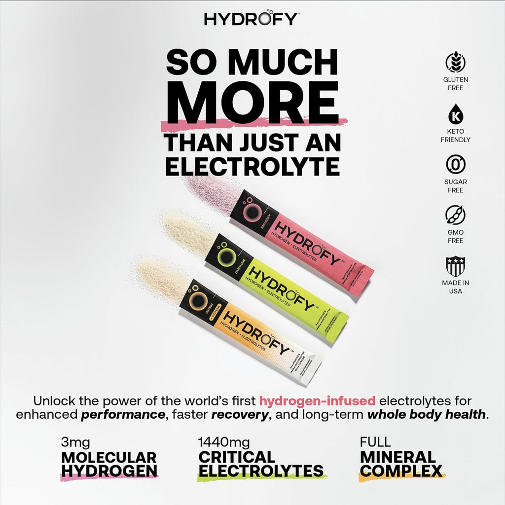 Hydrofy Hydrogen Water + Electrolytes Drink Mix | H2 Hydration Packets with Molecular Hydrogen, Sodium, Potassium, Magnesium, Calcium, and Minerals | No Sugar | Raspberry 25 Ct