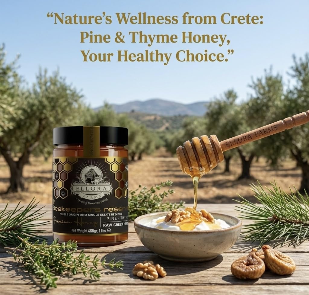 Ellora Farms Greek Honey Single Estate PDO, Pine & Thyme Raw Honey Unfiltered, Beautiful Gift Pack with Dipper, Beekeepers Reserve, Pure Raw & Unfiltered Cold-Pressed, Gluten Free - 450 g