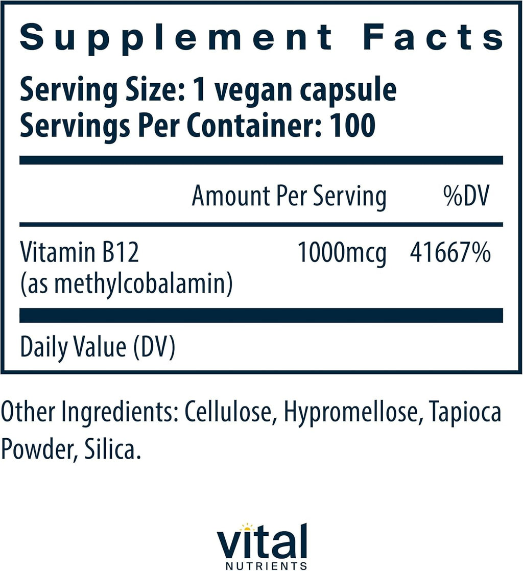 Vital Nutrients Vitamin B12 1000mcg - Vegan - Methylcobalamin for Metabolism, Cognitive & Nervous System Health* - High-Potency B12 Supplement - Gluten, Dairy, Soy Free - 100 Capsules