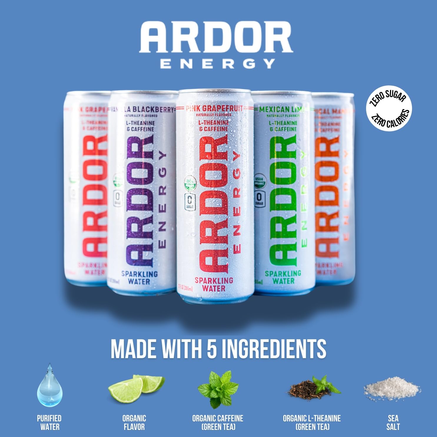 ARDOR ENERGY Sparkling Water with 100mg Natural Caffeine & 200mg L-Theanine from Organic Green Tea for Smooth Energy & Focus | Healthy Energy Drink | No Sugar, Zero Calories, Vegan, Gluten-Free | Cucumber Mint (Pack of 12, 12oz cans)