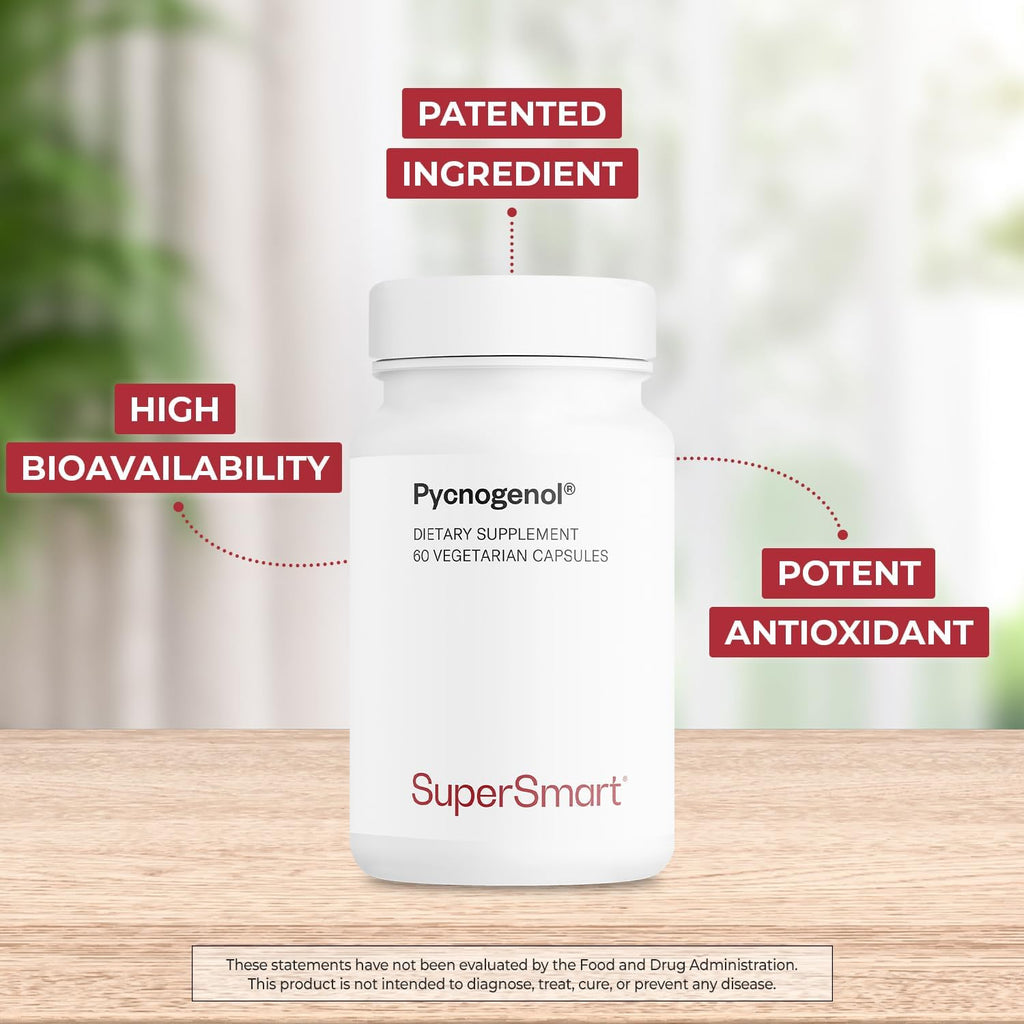 Supersmart Pycnogenol 200mg per Day (Patented & Highly Bioavailable) - French Maritime Pine Bark Extract | Non-GMO & Gluten Free - 60 Vegetarian Capsules