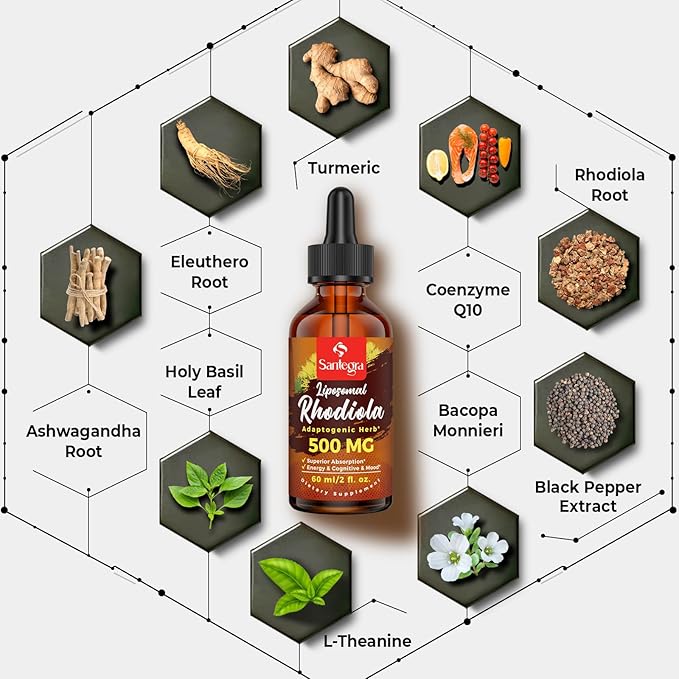 57,000 MG Liposomal Active Rhodiola Rosea Supplement with Ashwagandha, Liquid for High Absorption, Rhodiola Rosea Root Extract Tincture for Energy, Stress, Mood, Vegan, Sugar & Gluten-Free, 240 ml