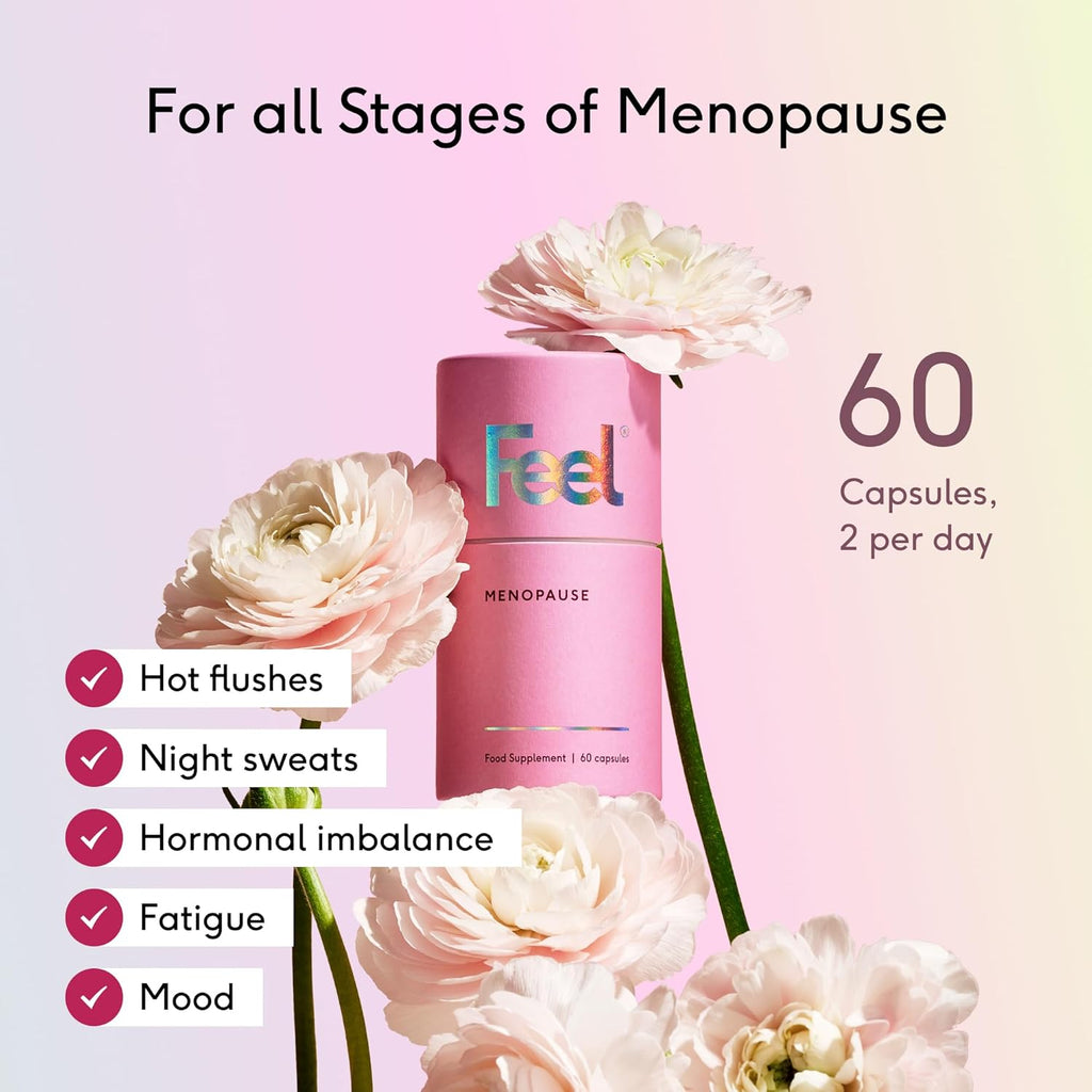 Feel Menopause Supplement for Women – Natural Menopause Support with Red Clover Isoflavones, Sage, & B Vitamins – Hot Flash, Night Sweat & Mood Relief – Hormone Balance – Vegan – 60 Capsules
