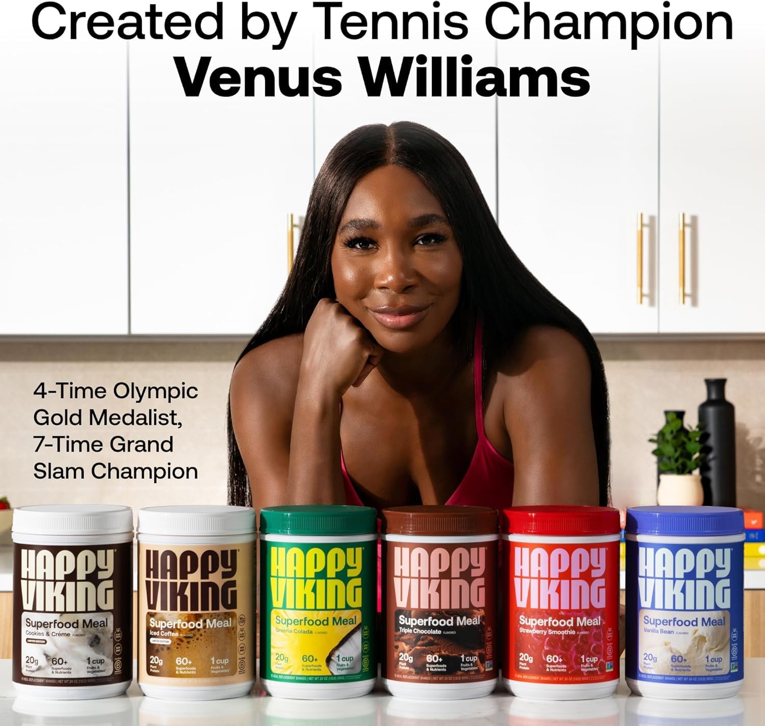 Happy Viking Berry Parfait Plant Protein Powder, Created by Venus Williams, 20G Protein, Low Carb, Keto, Vegan, Gluten-Free, Non-GMO, Superfoods, Complete Meal Replacement, 1 Canister (24 oz.)