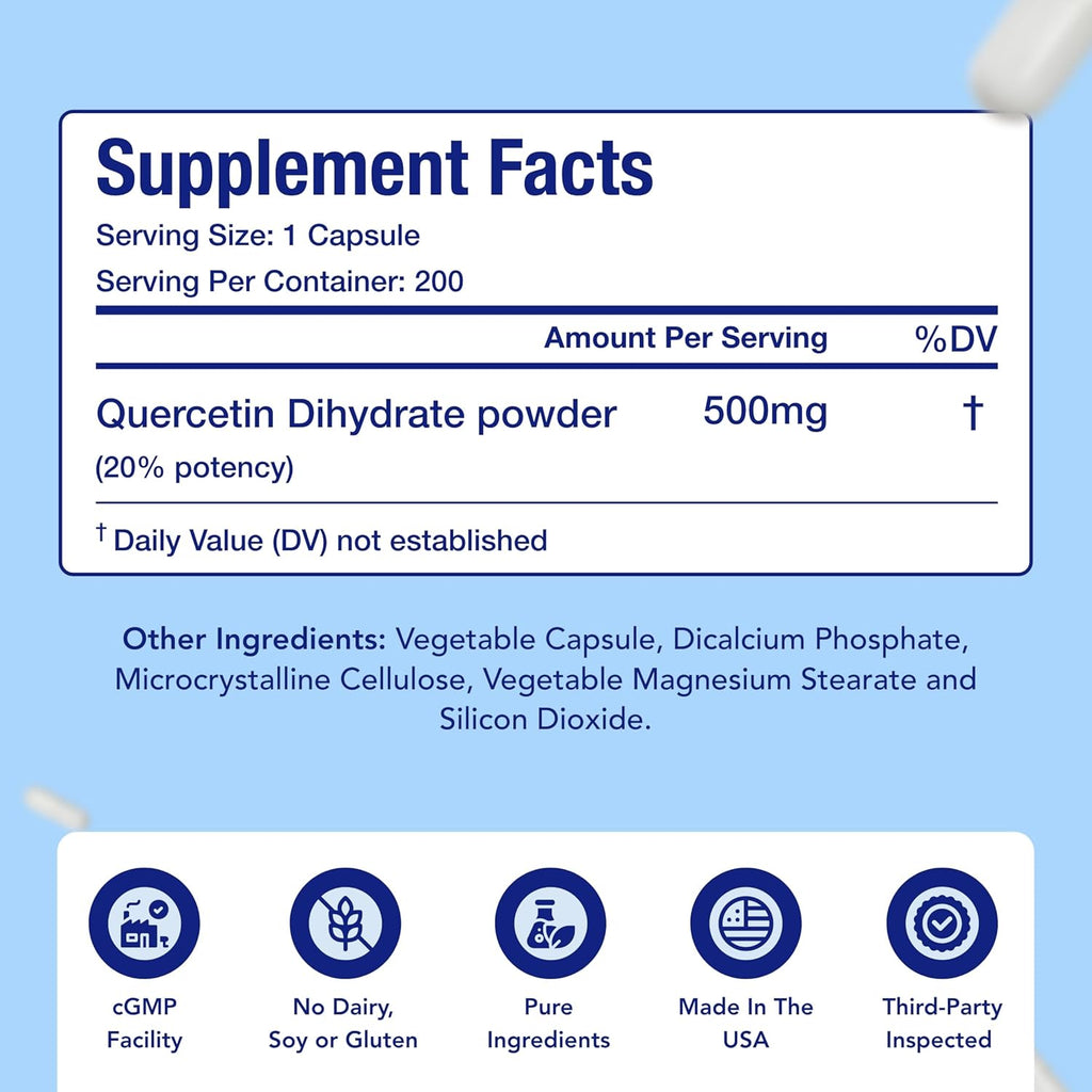 Quercetin 500mg Capsules | Vegan Friendly Quercetin Dihydrate High Potency Antioxidant Supplement for Skin Heart and Immune Support | Gluten-Free | Made in the USA in GMP Facilities (200 Servings)