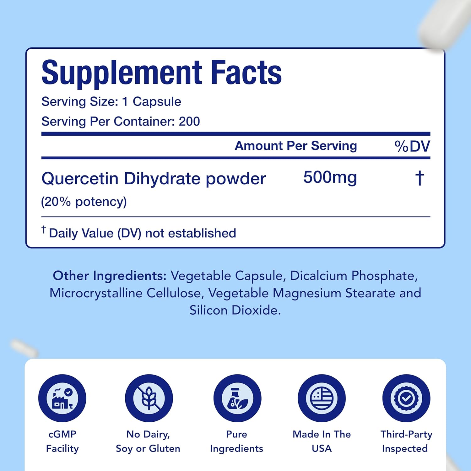 Quercetin 500mg Capsules | Vegan Friendly Quercetin Dihydrate High Potency Antioxidant Supplement for Skin Heart and Immune Support | Gluten-Free | Made in the USA in GMP Facilities (200 Servings)