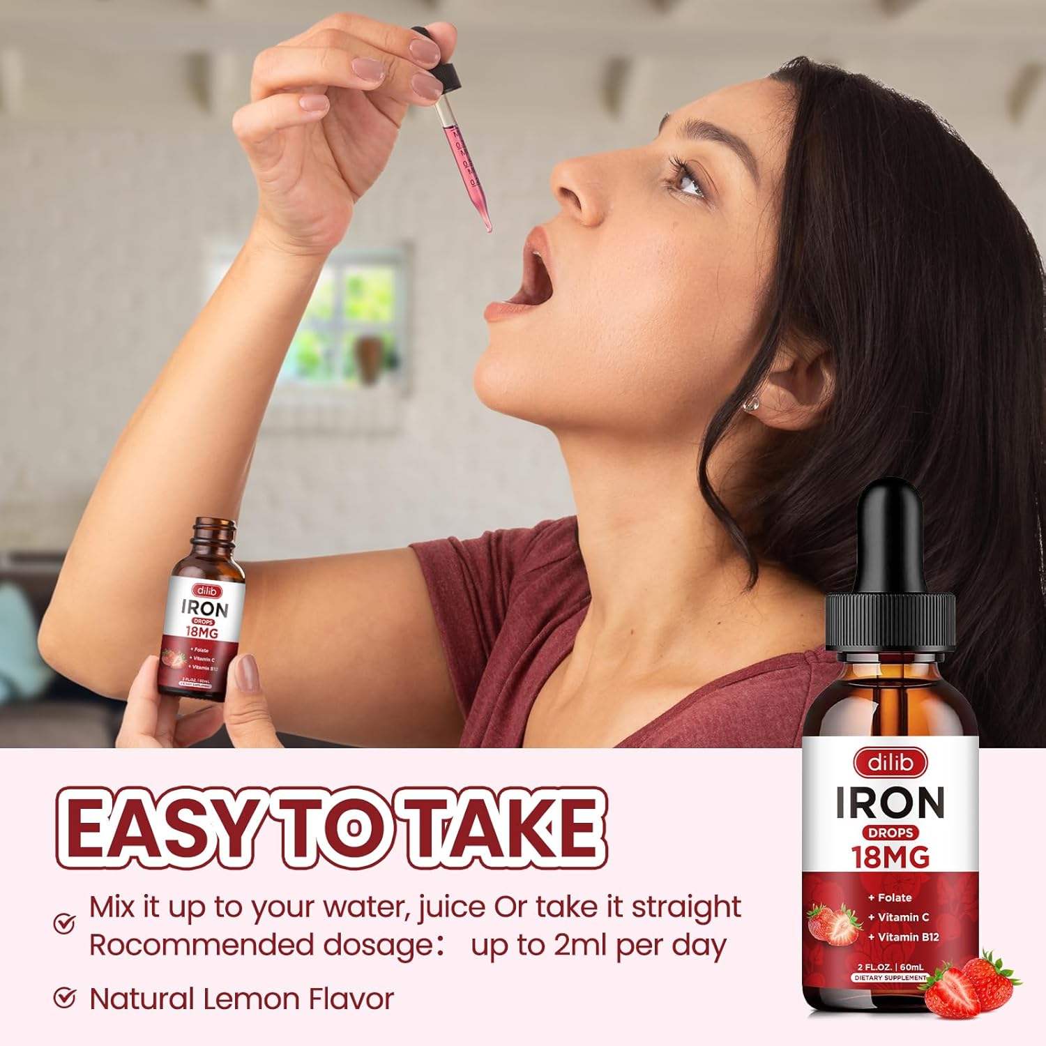 (2 Pack) Liquid Iron Supplement for Women & Men Iron Drops Iron Supplements for Anemia with Folate, Vitamin C, B12 for Red Blood Cell Support-Strawberry, 4 Fl Oz