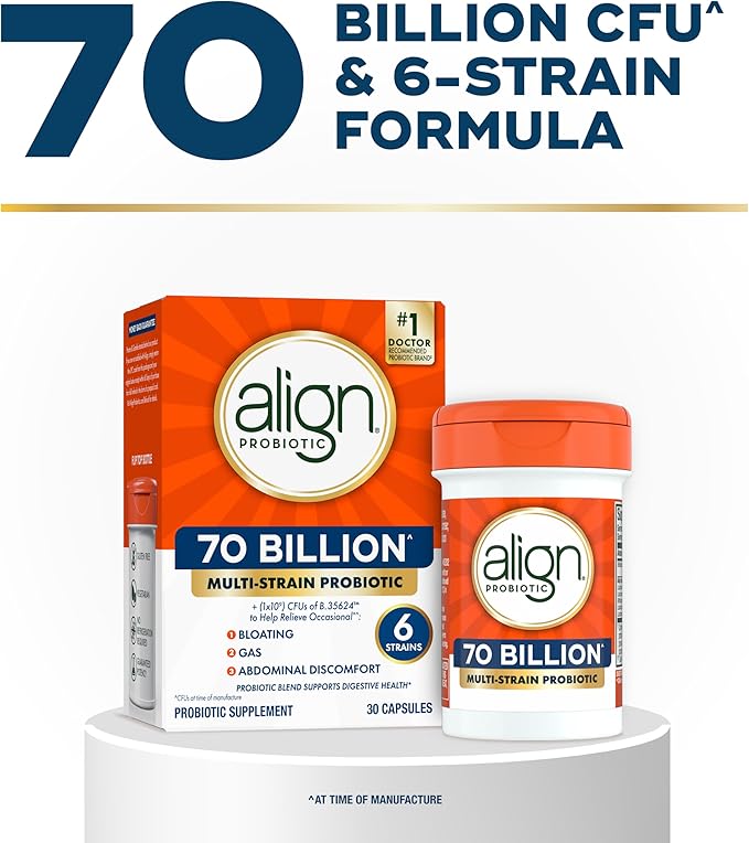 Align Probiotic, 70 Billion CFU, 6 Strain Blend, Probiotics for Women and Men, Daily Probiotics for Digestive Health, Helps Relieve Occasional Bloating & Gas 30 Capsules