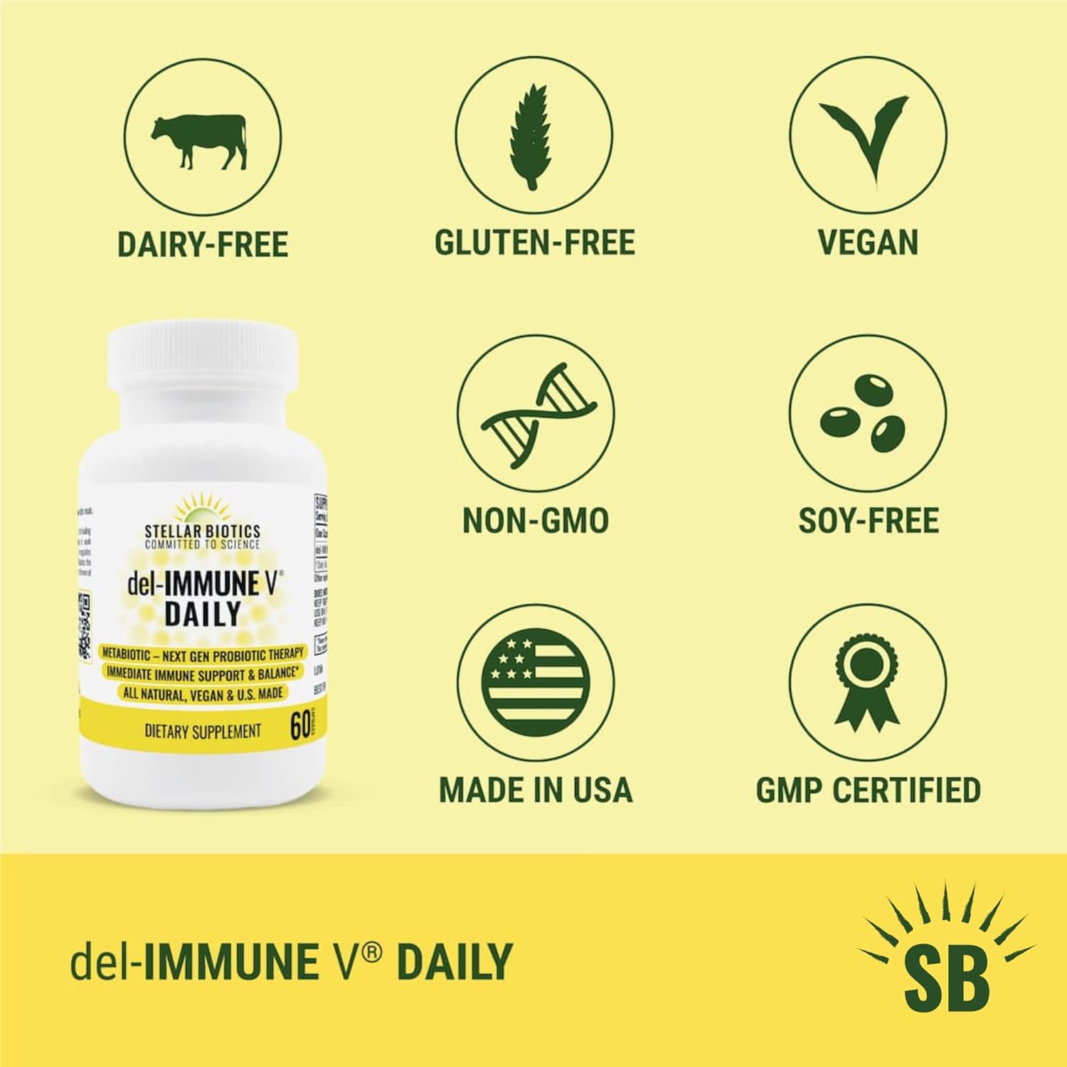 Del-Immune V Daily by Stellar Biotics, All-Natural Immune Support & Gut Health, Immediate Care, Metabiotic: NextGen Probiotic Therapy (60 Caps)