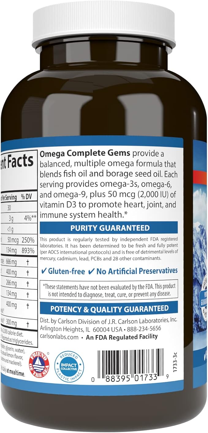 Carlson - Omega Complete Gems, Omega-3-6-9, Wild Caught, Sustainably Sourced, Heart Health, Joint Function & Immune Support, 180 Softgels