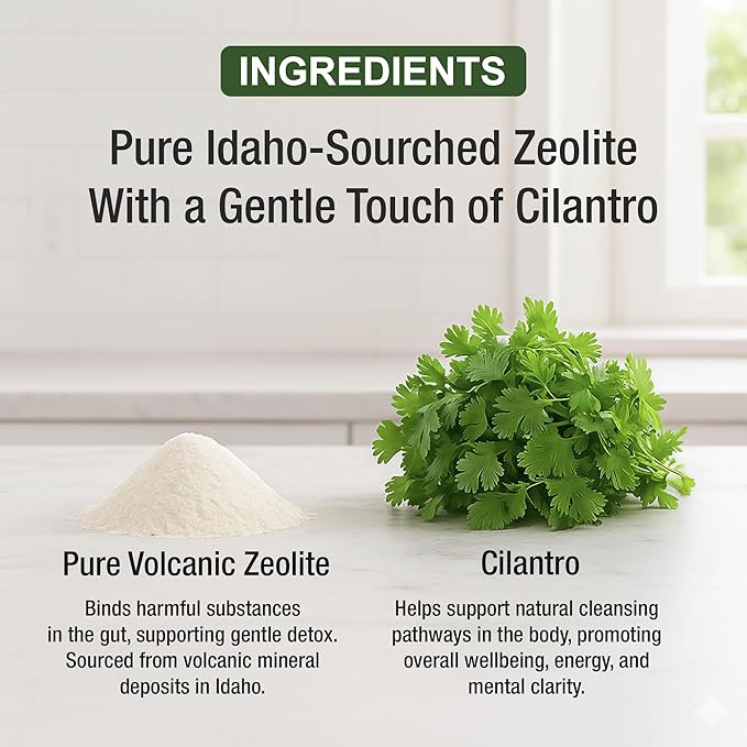 Zeolite Detox for Kids & Adults with Cilantro. Volcanic Mineral from Idaho USA. Zeolite Clinoptilolite Liquid Drops Gentle Cleanse Supplement with Vitamins B12 & D. Support Focus, Energy, Gut, Speech