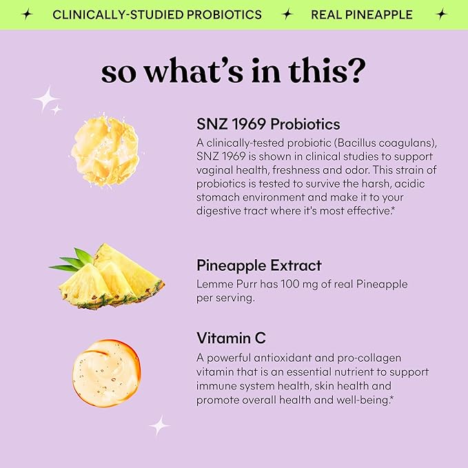 Lemme Purr Vaginal Probiotic Gummies for Women - Balanced pH, Healthy Odor, Yeast Balance & Flora Support + Vitamin C for Immune Health - Tasty Pineapple (60 Count)