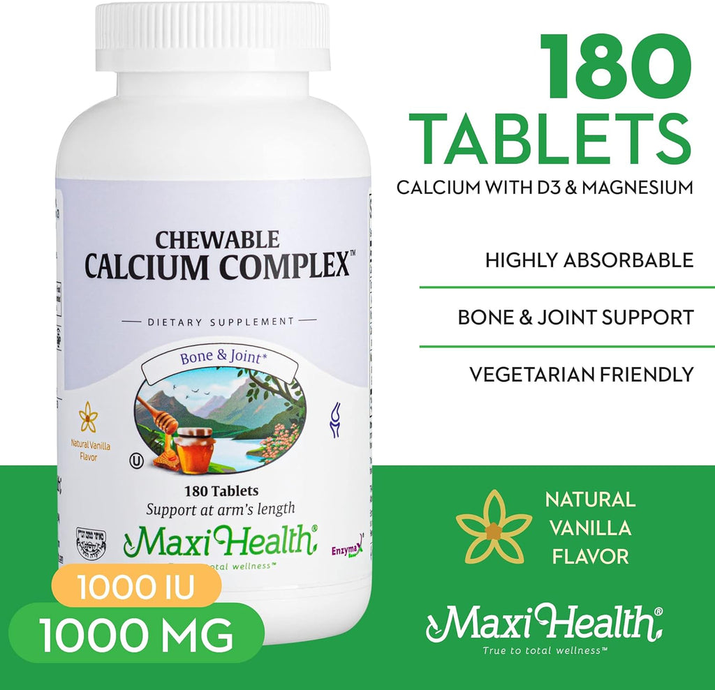 Maxi Health Chewable Calcium Complex – Vanilla Flavor Vitamin D3 and Magnesium Chewables to Help Support Bones – Kosher Magnesium and Calcium Supplement for Women and Men (180 Count)