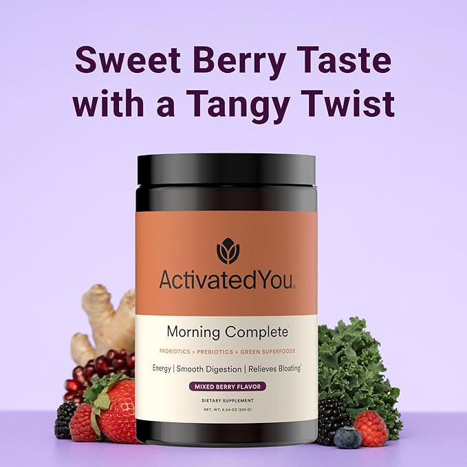 ActivatedYou Morning Complete Super Greens Powder Drink Mix - Gut Health Boost with Prebiotics, Probiotics, & Antioxidants - 10 Billion CFUs, Mixed Berry Flavor Greens Superfood Powder - 30 Day Supply