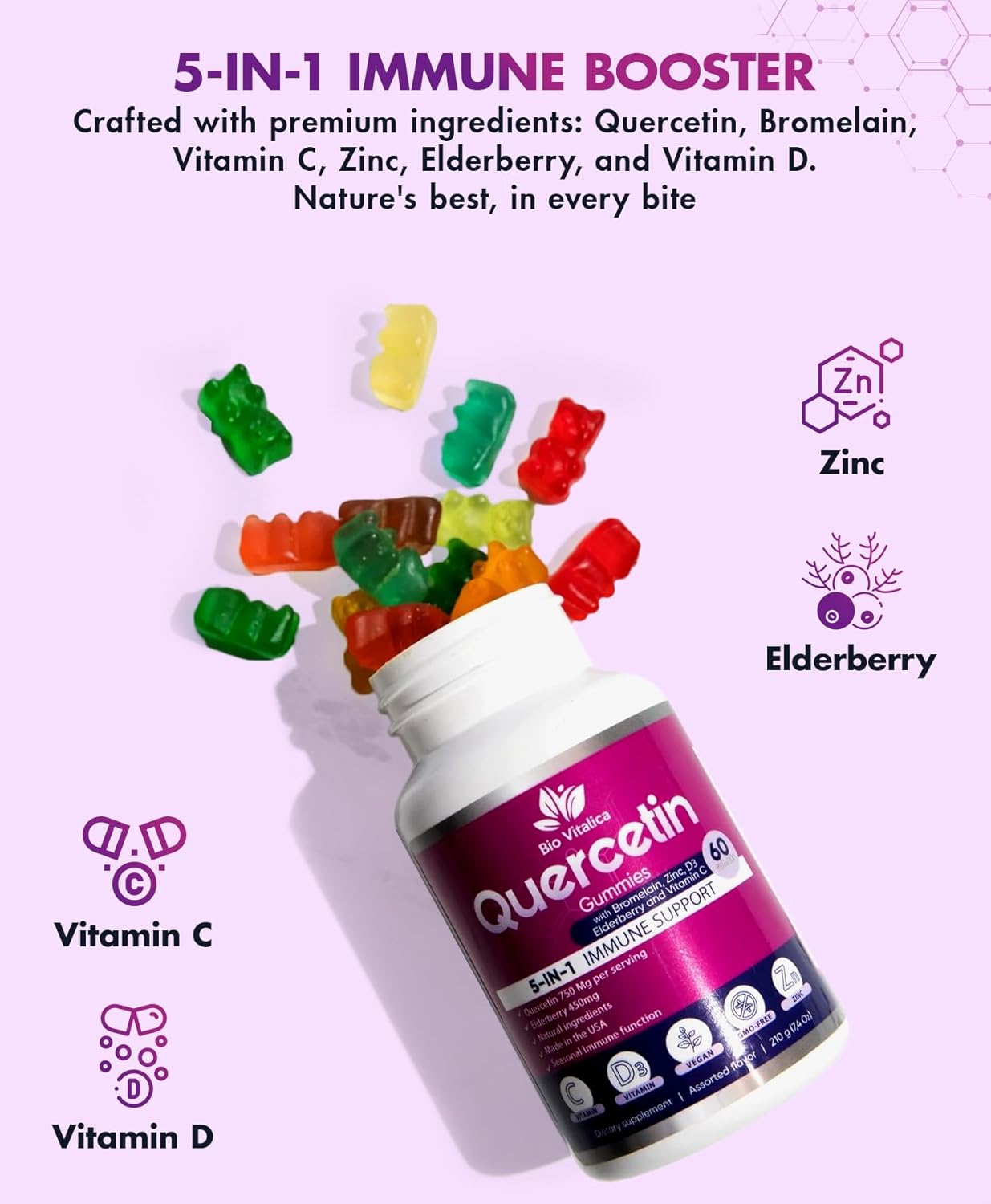 Quercetin Gummies by BioVitalica - Quercetin with Bromelain Vitamin C and Zinc & Elderberry + Vitamin D3-5 in 1 Immune Support - Zinc Quercetin 750 mg for Kids and Adult (5, Quercetin)