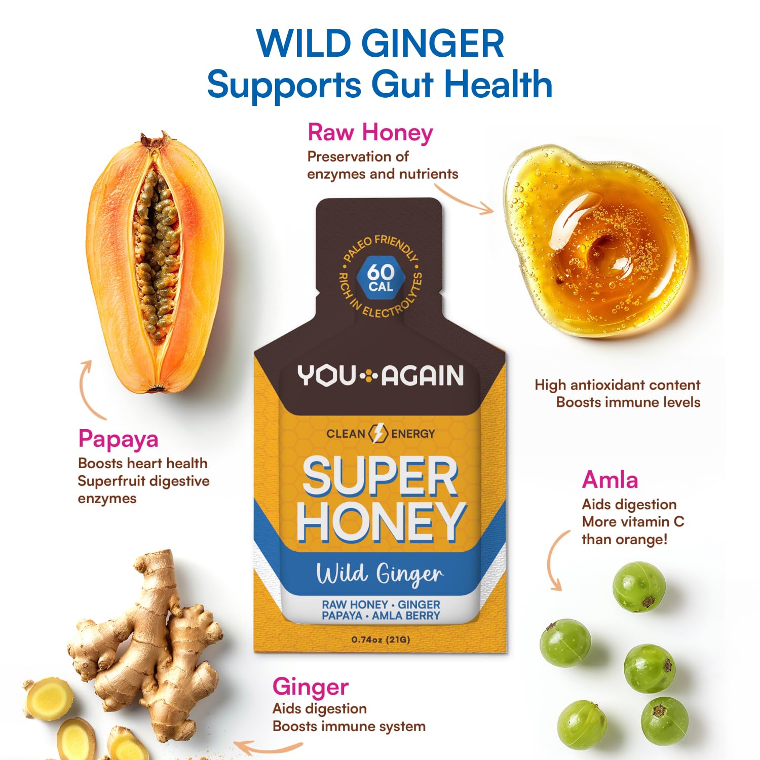 You Again Super Honey Wild Ginger Packets | Workout Clean Energy Gel Packs | Cycling, Endurance, Running Gel or Energy Snack | Paleo & Carnivore Snack | Gluten-Free | Made in USA | 8 Count