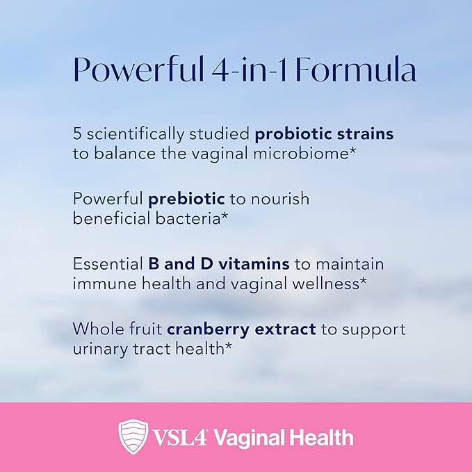VSL4® Vaginal Health Daily Probiotic Supplement for Women's Health & Urinary Tract Support* – 10B CFU – 4-in-1 Formula with Probiotics, Prebiotic, Cranberry Extract & B+D Vitamins, 30 Capsules