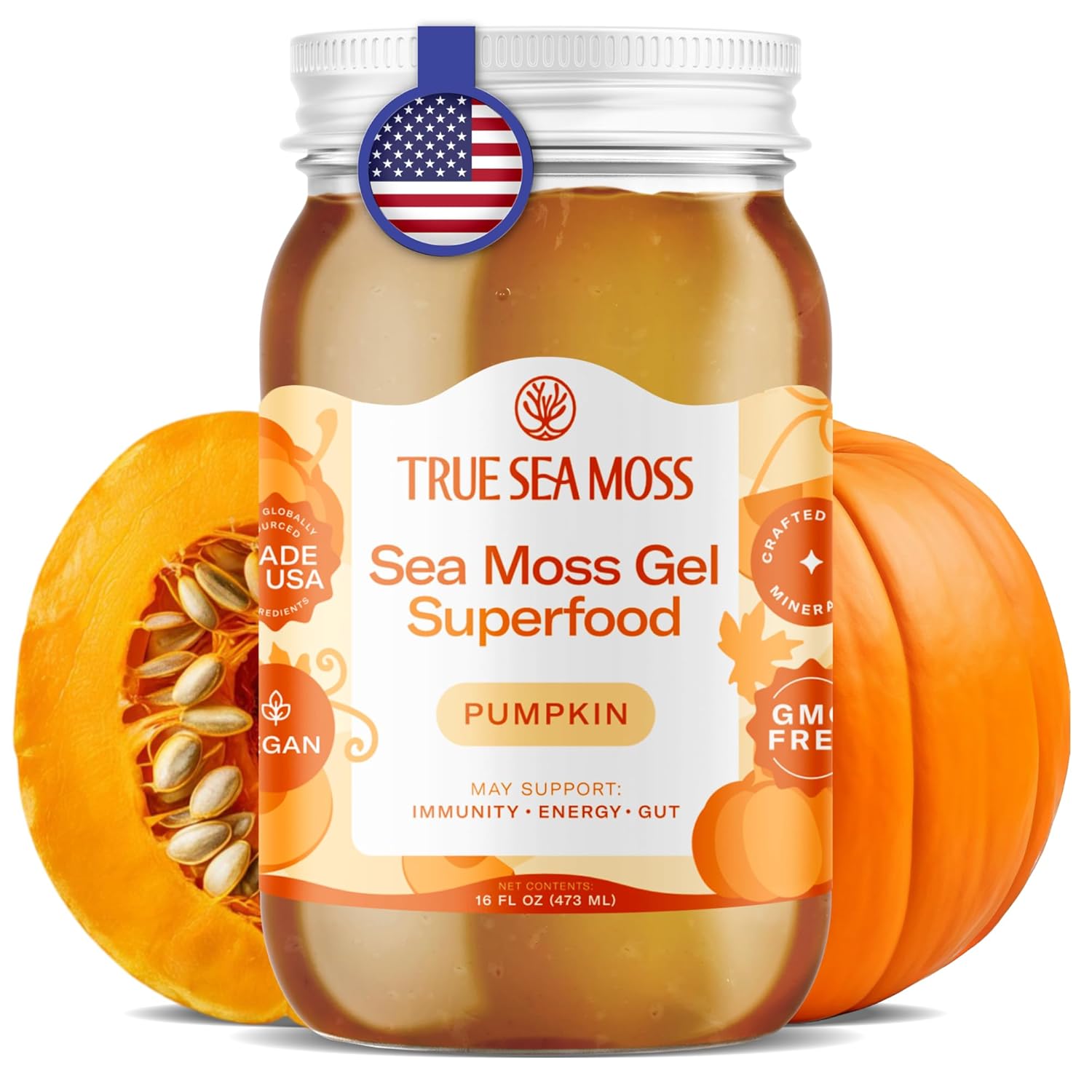 TrueSeaMoss Sea Moss Gel – Made in USA – Wildcrafted Seamoss, Fresh Fruits & Sea Vegetables – Pumpkin, Pack of 1 (Labels may Vary)