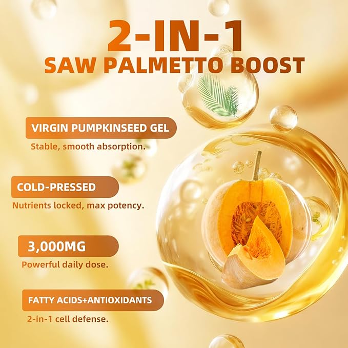 Pumpkin Seed Oil Capsules with Saw Palmetto - 3240mg - 300 Softgels, Cold Pressed, Essential Fatty Acids & Phytosterols, Natural Supplement for Hair Growth, Urinary - Non-GMO