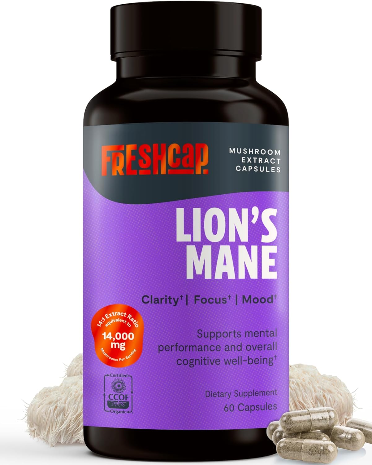 FreshCap Lions Mane 14,000 mg – Triple Extracted 14:1 Mushroom Supplement Capsules with 31% Beta-Glucans – Fruiting Body Only Nootropic for Memory, Focus, Clarity & Mood – Organic, Vegan (60 Capsules)