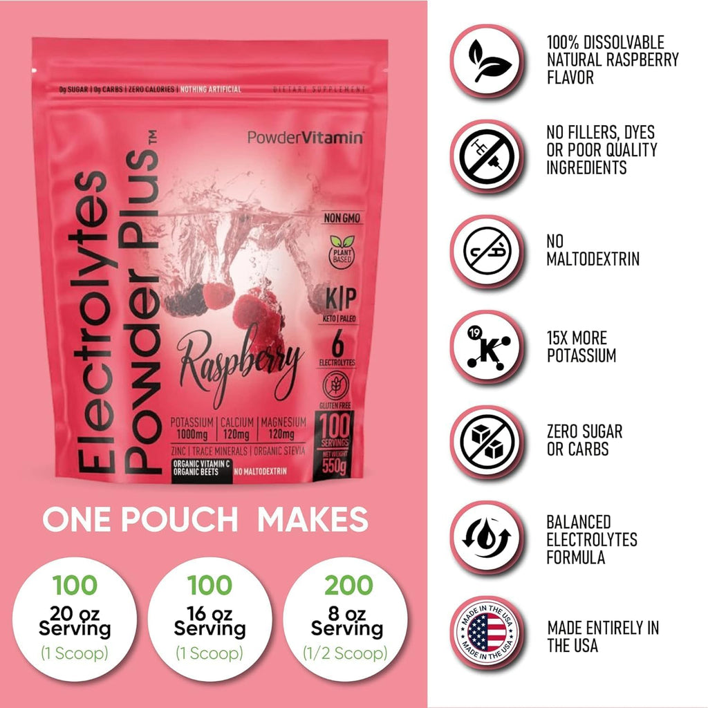 PowderVitamin Electrolytes Powder Plus (100 Servings) Raspberry Electrolyte Powder, Zero Calorie, Keto, 0 Sugar, No Maltodextrin,1000mg Potassium,120mg Calcium,120mg Magnesium, Energy Hydration Powder