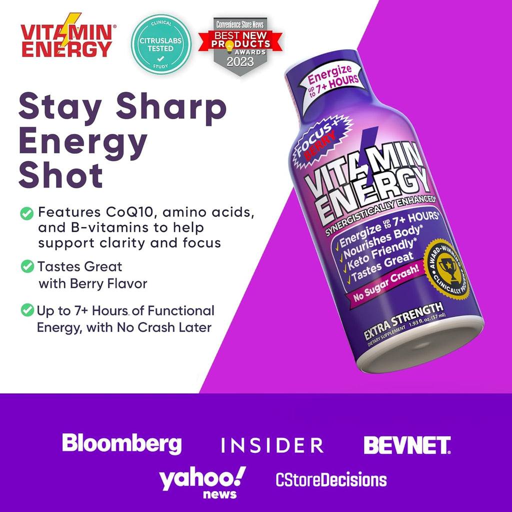 Vitamin Energy Focus+ Extra Strength Energy Shot Berry 24 Pack, 260mg Natural Caffeine, B-Vitamins, CoQ10, Amino Acids, Focus, Productivity & Clarity, Zero Sugar, Gluten-Free, 1.93 fl oz