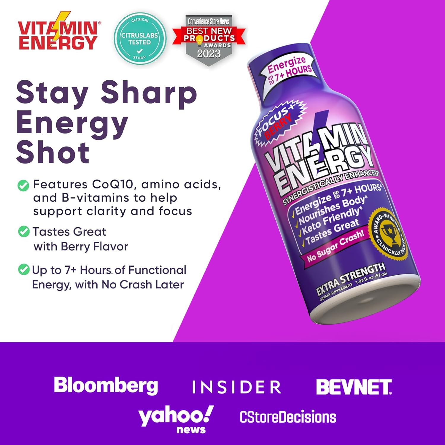 Vitamin Energy Focus+ Extra Strength Energy Shot Berry 24 Pack, 260mg Natural Caffeine, B-Vitamins, CoQ10, Amino Acids, Focus, Productivity & Clarity, Zero Sugar, Gluten-Free, 1.93 fl oz